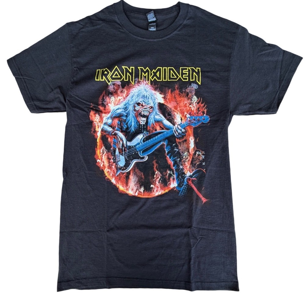 Iron Maiden Eddie Bass Guitar Flame Graphic T-Shirt Black Mens Small M&O Gold