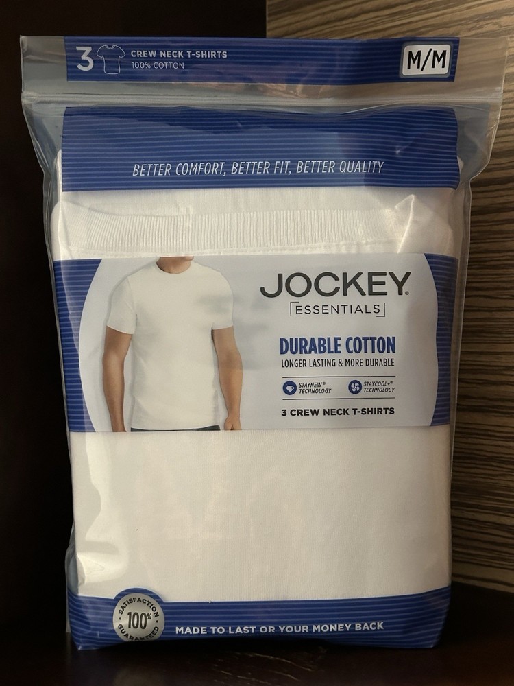 Jockey Essentials Men’s White Crew Neck T-Shirts Size M Medium 3 Pack New in Pkg