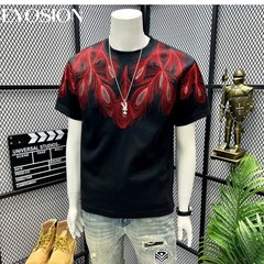 Men Embroidery Peacock Feathers T-Shirt Casual Short Sleeve Crewneck Cotton Tee