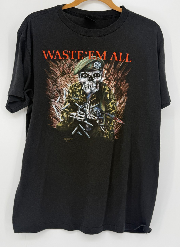 Vintage 3D Emblem Shirt Waste Em All Just Brass Inc Freeport New York 1987 Large