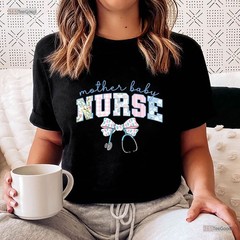 Mother Baby Nurse Team Shirt, Coquette Blue Stethoscope Bow Doctor T-Shirt