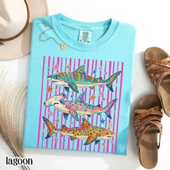 Preppy Shark Shirt Colorful Ocean Life Graphic Tee Summer Aesthetic Gift