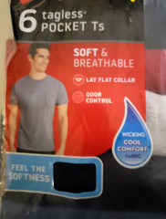 Hanes Men’s Tagless Pocket Cotton T Shirts 6 Pack Sm 34-36 Gray Black Red Blue