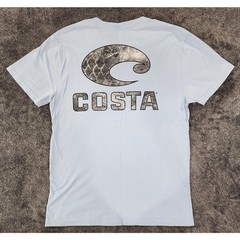 Mens Costa Del Mar T-Shirt, Logo on Chest & Graphic Back Design Baby Blue Mens M