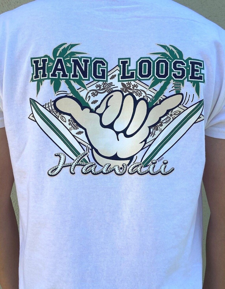 Hawaiian Style Island Hang Loose Shaka Surfboard Men Women White Cotton T-shirt