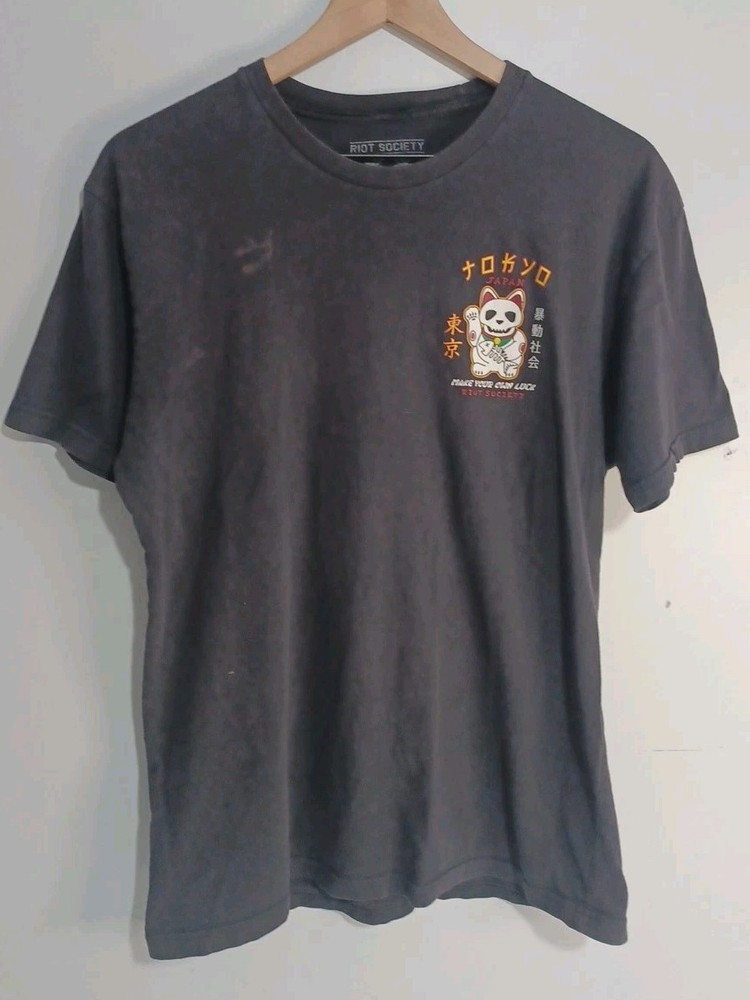 Riot Society Make Your Own Luck Shirt Mens Sz L Black Lucky Cat Skull Tattoo (B9