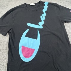 Champion Shirt Mens Medium Black Blue Pink Diagonal Script Big Logo T-Shirt