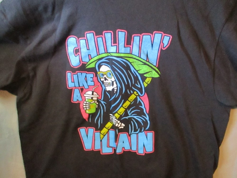 Chillin’ Like A Villian Mens T-Shirt Sz LRG Black Skull Grim Reaper 100% Cotton