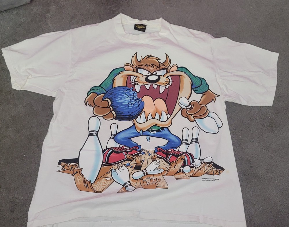 Vintage 1995 Looney Toons Taz Bowling t-Shirt Single Stitch Double Sided XL USA