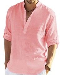 Mens Cotton Linen Long Sleeve Shirt Solid Loose Blouse Button Down Tops T Shirt
