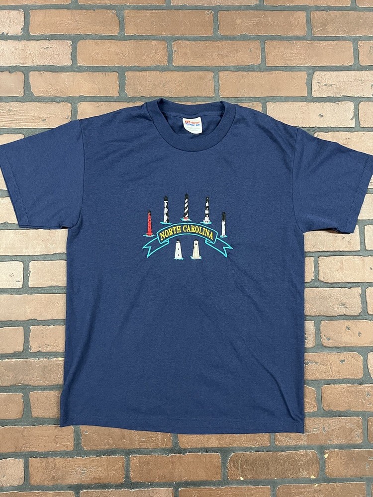 North Carolina Lighthouses Embroidered T-Shirt By Hanes Heavyweight 50/50 Medium