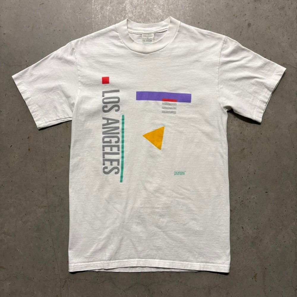 Vintage 90s Los Angeles Modern Abstract Art Deco Graphic T Shirt M White USA