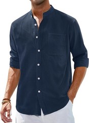 Men’s Linen Button Down Shirt Long Sleeve Band Collar Casual Beach Top