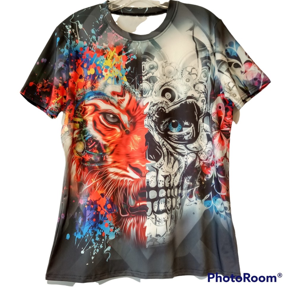Skeleton/Tiger Graphic Shirt Men’s Large Wicking Poly/Spandex Short Sleeve NWOT