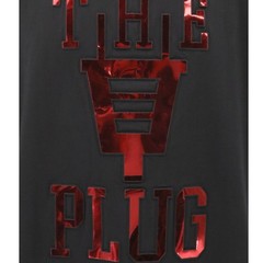 Makobi Mens Black The Plug Graphic T Shirt Size Medium Red Foil Letters Side Zip