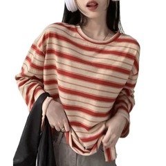 Korean Fashion Women’s Loose Striped Blouse Long Sleeve Crew Neck Streetwear