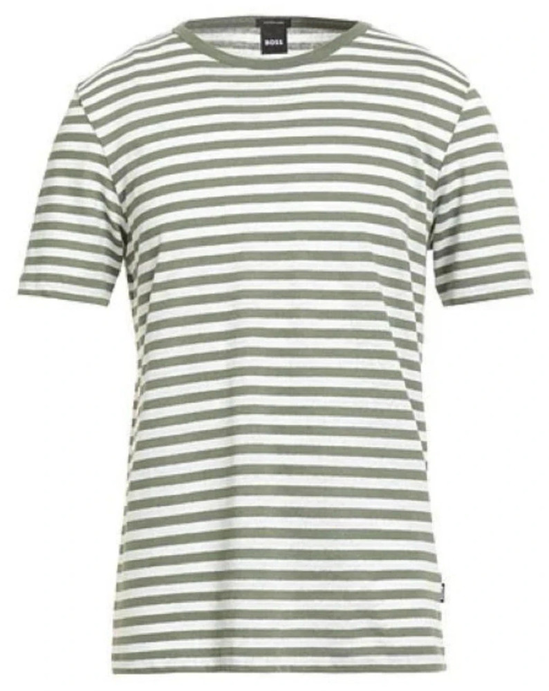 Hugo Boss Men’s SZ 2XL Cotton Linen T-shirt White Olive Military Green Striped