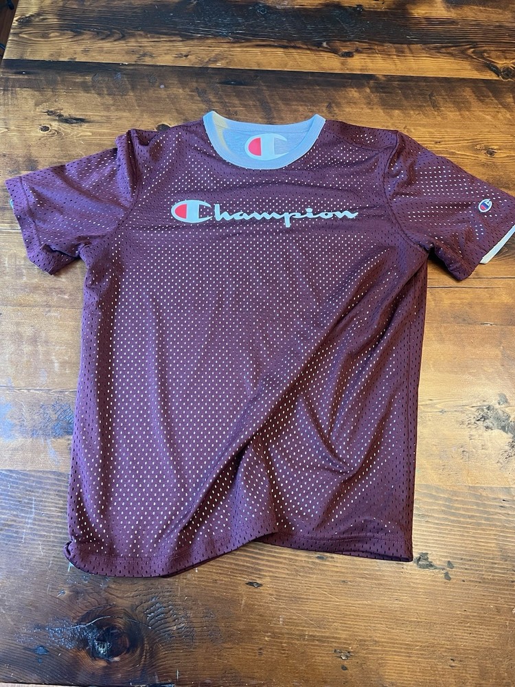 CHAMPION Vintage Double Dry Reversible Mesh Shirt Mens Sz LARGE Maroon Grey