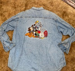 VTG 90s WB Store Looney Tunes Blue Jean Embroidered Shirt Bugs Bunny Sz XL