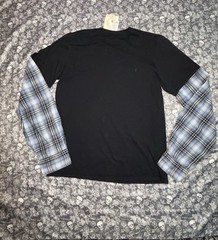Brand New Tags AC/DC Black Long Sleeve Shirt With Blue Plaid Sleeves SizeMedium
