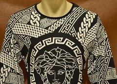 Versace Men’s Medusa Greek Key Chain Print Long Sleeve Tee Black Ivory Size XL
