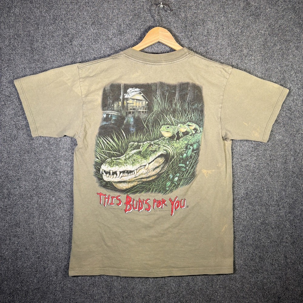 Vintage Budweiser Shirt Mens Large Green 90s Alligator Frog Quote Beer Alcohol