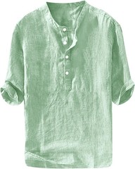 Men’s Casual Linen Cotton 3/4 Sleeve Henley T-Shirt – Lightweight Summer Top