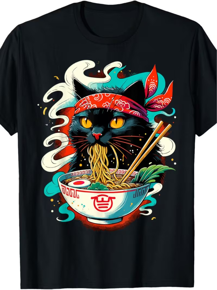 Cat Ramen Japanese Animation Cute Cat T-shirt, Men’s Fashion Trend Crew Neck Cas