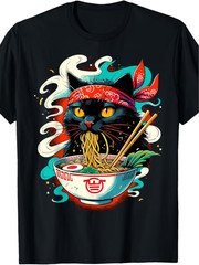 Cat Ramen Japanese Animation Cute Cat T-shirt, Men’s Fashion Trend Crew Neck Cas