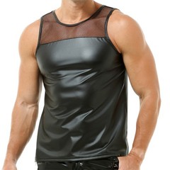 Mens Stretchy Faux Leather Tank Tops Vest Muscle Undershirts Sleeveless Clubwear