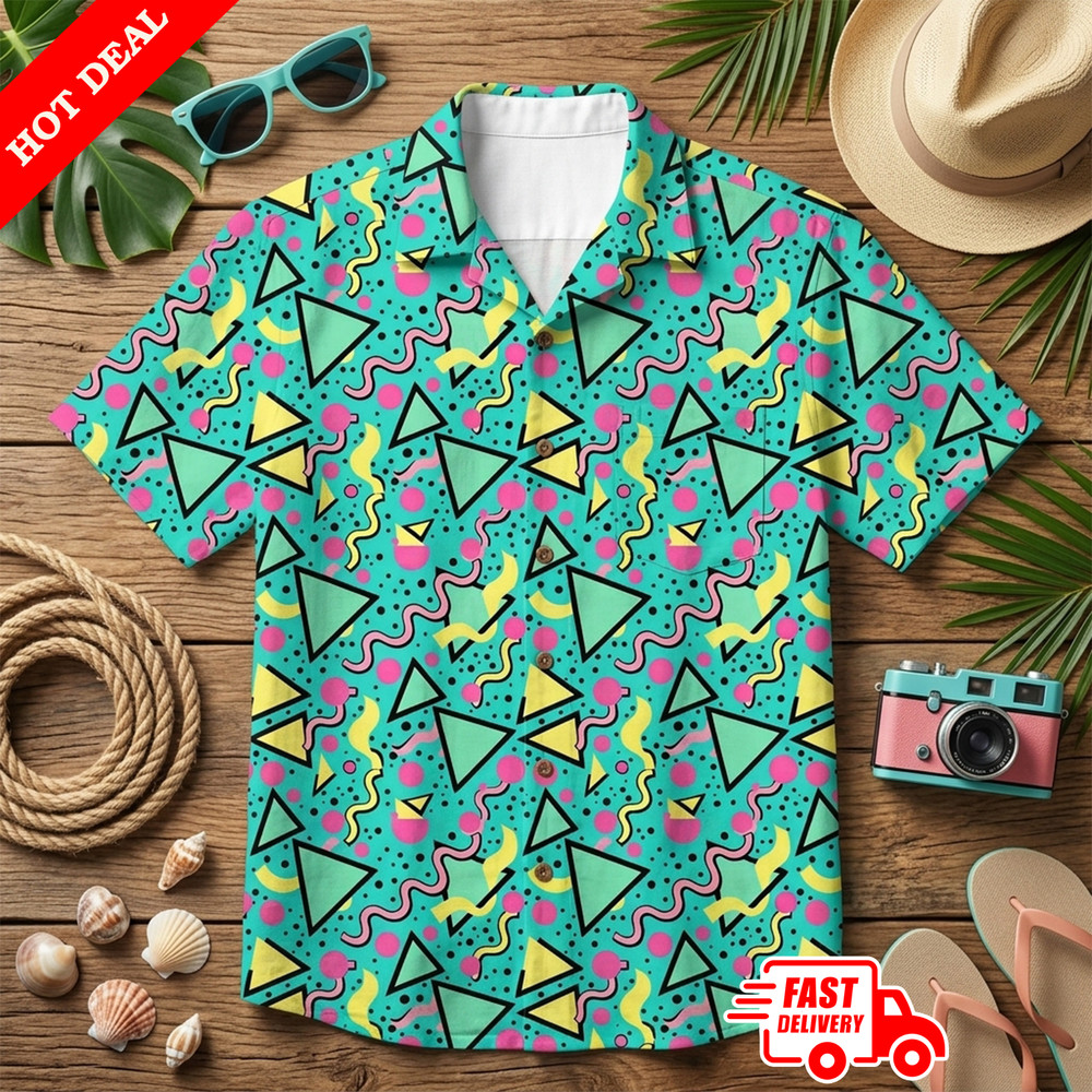 Mens Teal Pink Geometric Aloha Shirt Retro 80s Hawaiian Button Down Summer Beach