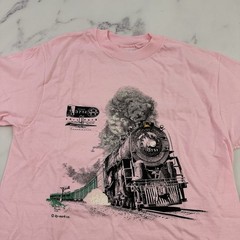 Rail Fair Sacramento Mens Vintage 90s Graphic Tee Size M Pink Train Engine 3751