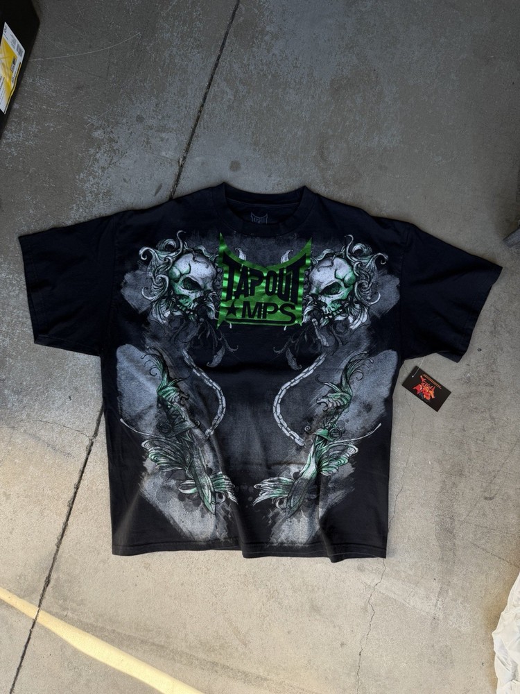 Vintage Tapout MPS Shirt Mens XXL Black Green Foil Skull Snake MMA UFC Fight Y2K