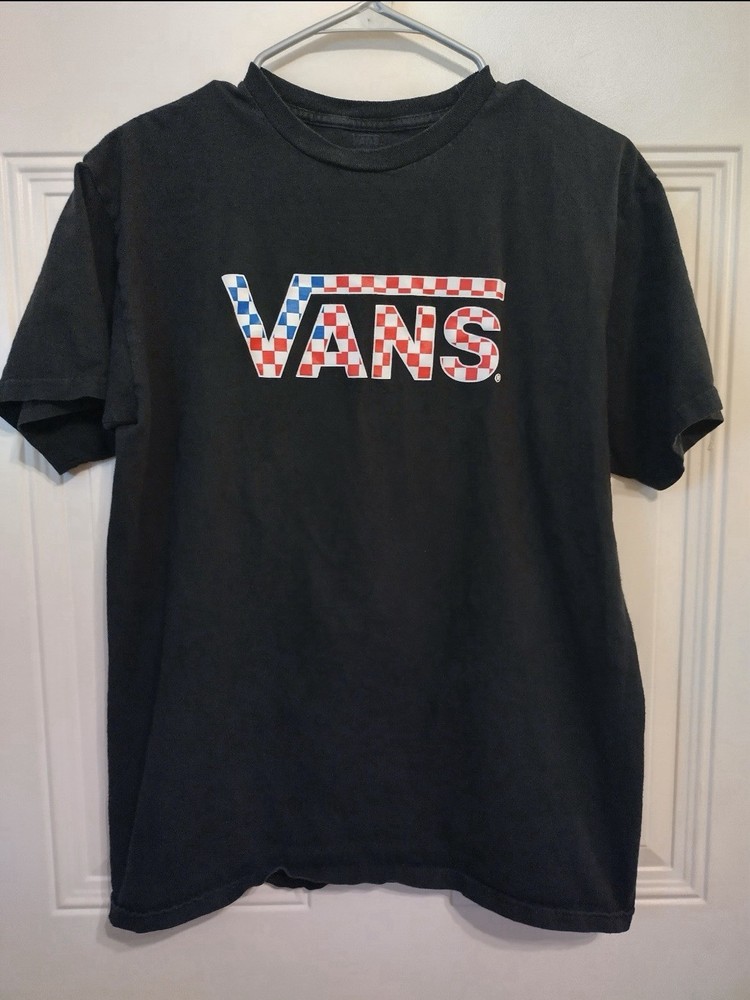 VANS Patriotic Checkered Logo Shirt Medium Skater Skating Red White Blue BG29