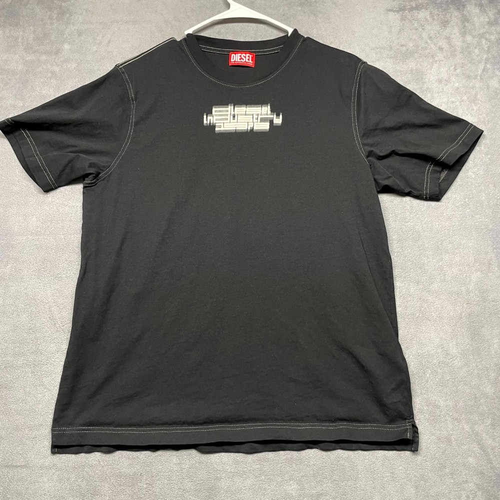 Diesel T Shirt Mens Black Spellout Graphic Cotton Side Slit Hemline Streetwear