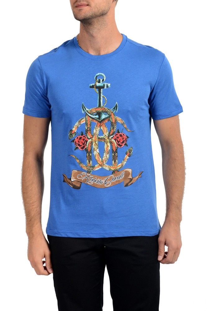 Roberto Cavalli Men’s Royal Blue Graphic Print Crewneck T-Shirt US 2XL IT 56