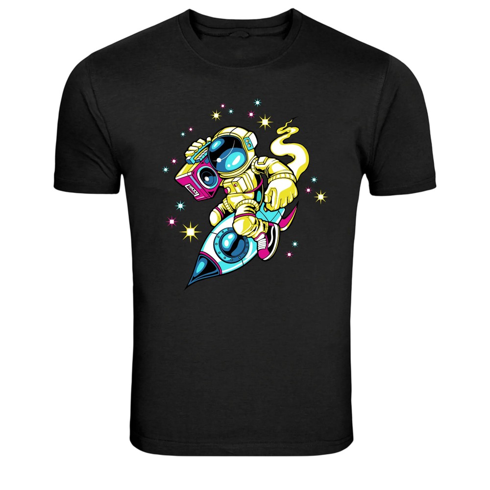 Astronaut Riding Rocket With Boombox Retro Space Graphic T-Shirt