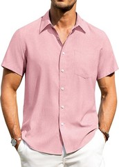 Men’s Linen Shirt Short Sleeve Button Down Wrinkle Free Casual Summer Beach Top