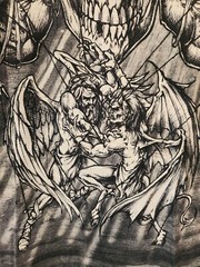 Rare Vtg Affliction Puppet Master God Vs Devil Demon Shirt L Y2K All Over Print
