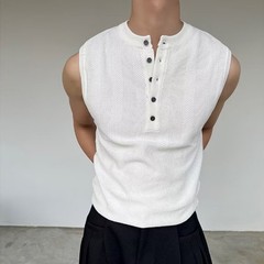 Men’s Ribbed Vest Sleeveless For Henry Collar Slim Fit Streetwear Sports Top