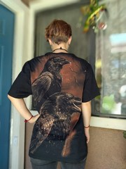 HAND PAINTED ORIGINAL ART Black and brown raven tee .goth.punk . .
