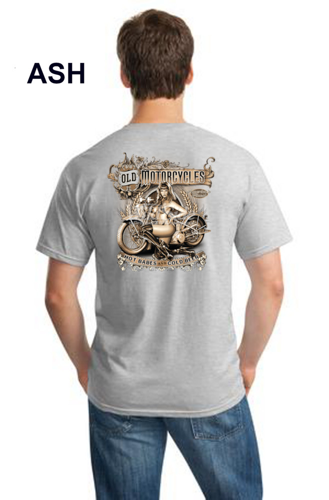 Biker Classic Old Motorcycles Hot Babes Cold Beer Chopper Sexy Girl Mens T Shirt