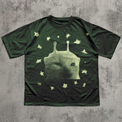 Y2K Alien Cat Meme T Shirt Funny Kitten Vintage Graphic Tee Weird Cats Retro