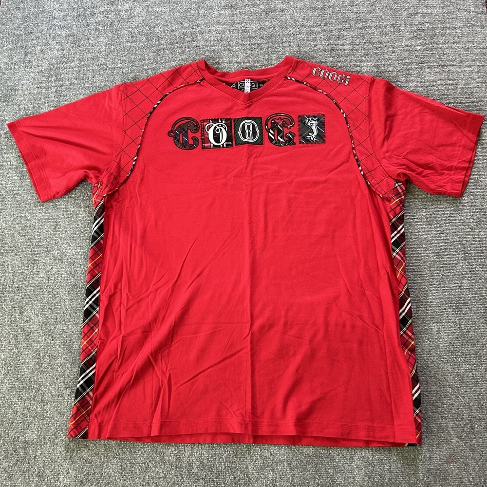 Coogi Shirt Men XXXL Red Plaid Patch Embroidered Vintage Y2K T-shirt Baggy 90’s