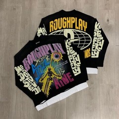 RoughPlay Washed Black Patchwork Long-Sleeved Round-Neck Shirt