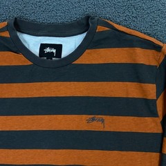 Stussy T-Shirt Mens Medium Gray Orange Wide Stripe Crewneck Logo Long Sleeve