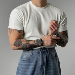 Men Short Sleeve Ribbed T-Shirt Small High Collar for Fitness Training Gym Wear