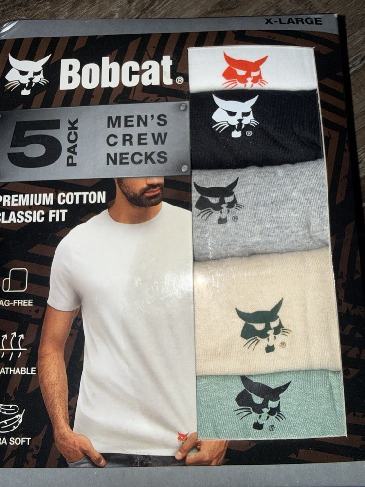 Bobcat ~ Mens 5-Pack T-Shirts Crew Neck Cotton Blend Cat Logo ~ XL (42-44)