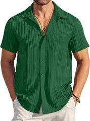 Men Casual Button Down Short Sleeve Textured Summer Beach Shirt with Pocket