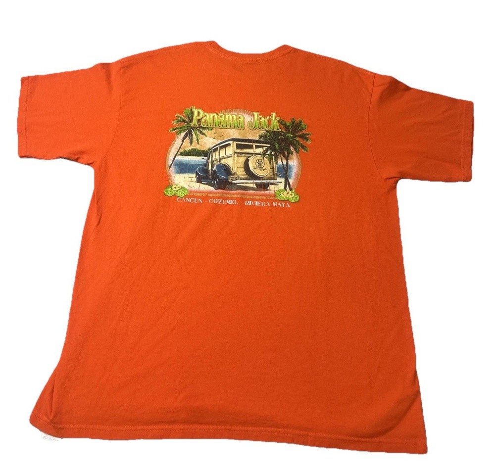 Panama Jack Graphic T-Shirt Men’s XL Woody Wagon Surfing Orange Cancun Mexico
